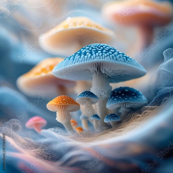 Obraz Fantasy mushrooms in soft mist. Dreamlike fungi in vivid blue and pastel hues in an enchanted forest setting.