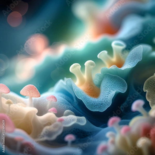 Obraz Colorful surreal fungi with coral textures. Fantasy forest scene blending organic forms and soft lighting.