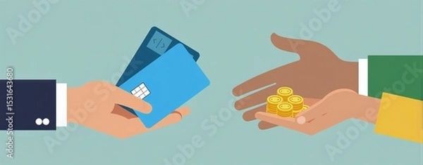 Obraz Two hands face each other holding coins and chip card, cash or card payment preference