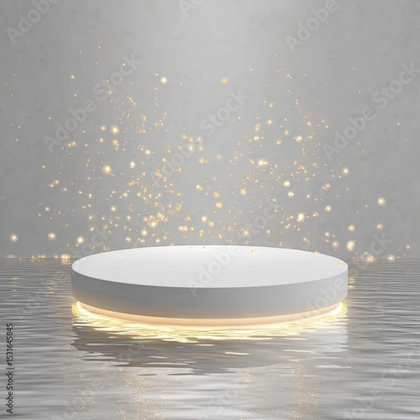 Obraz White circular podium, glowing, on water, with golden glitter
