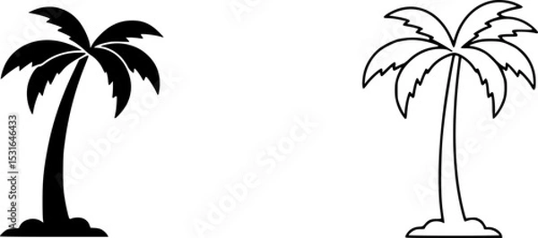 Fototapeta Palm Tree Icons: A set of two simple yet elegant palm tree icons; one solid black, the other a clean line drawing. Perfect for summer branding, travel websites, or tropical designs