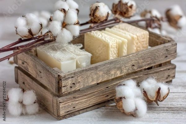 Obraz Wooden crate holding two bars of natural soap, surrounded by cotton bolls