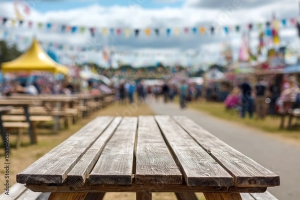 Obraz Wooden picnic table at a festival