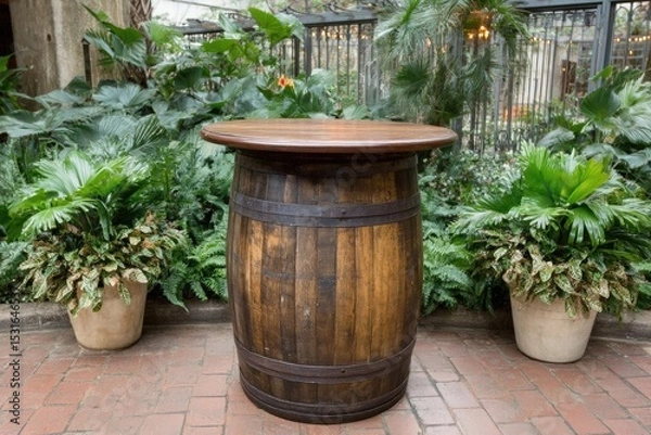 Obraz Rustic wooden barrel bar table surrounded by lush greenery