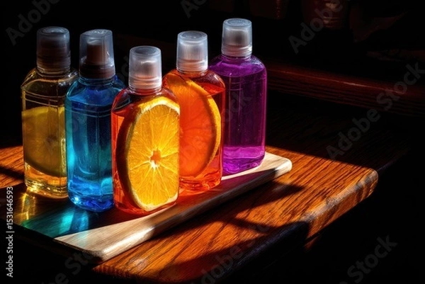 Obraz Colorful bottles with orange slices, on a light wooden tray, in a dark setting