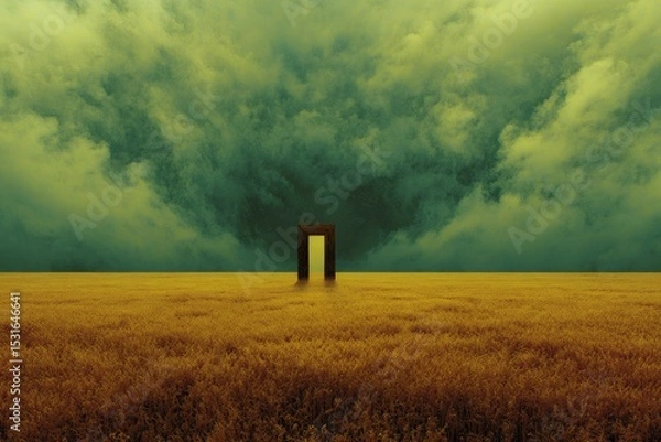 Obraz Dark doorway in golden field, stormy sky