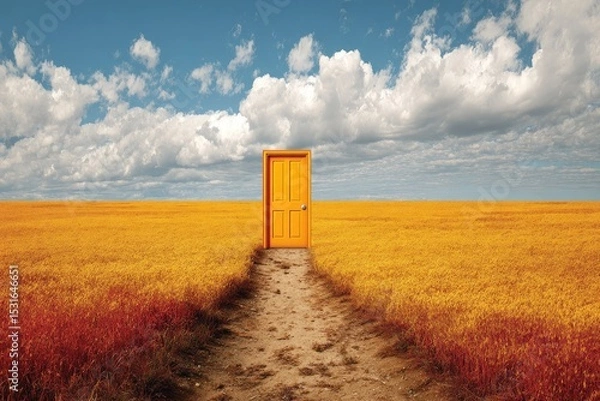 Obraz A vibrant yellow door stands sentinel in a golden field, a path leading to it under a partly cloudy sky