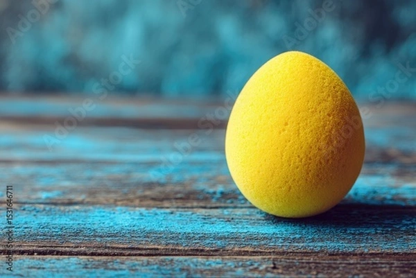 Obraz Bright yellow Easter egg on rustic wooden table with teal backdrop