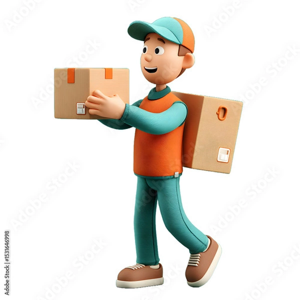 Fototapeta Cartoon delivery man carrying cardboard boxes isolated on transparent background