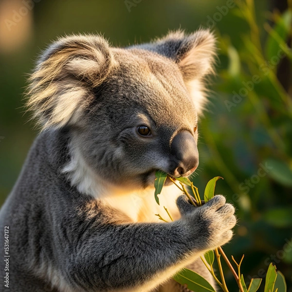 Obraz A cute koala, backlit by warm sunlight, eats fresh green leaves, with soft-focused foliage in the background. Generative AI.