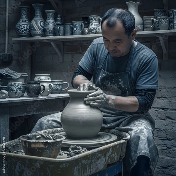 Obraz An adult male artisan, covered in clay, intently works on a pottery wheel, shaping a large vase. Generative AI.