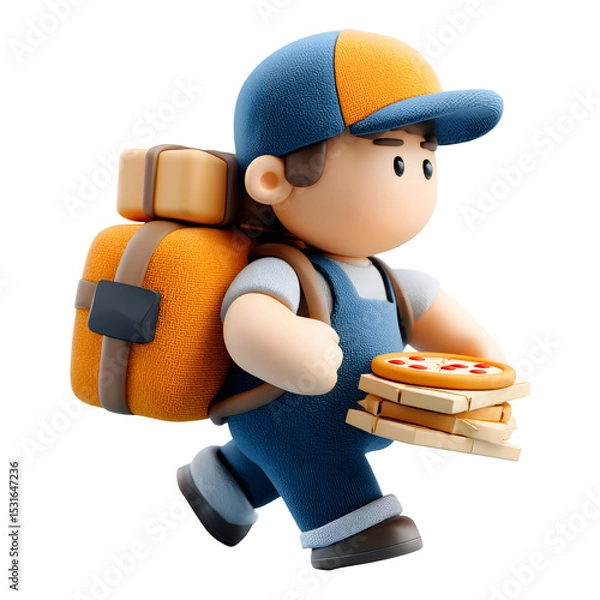 Fototapeta Cartoon Delivery Boy Character Carrying Pizza and Boxes on transparent Background
