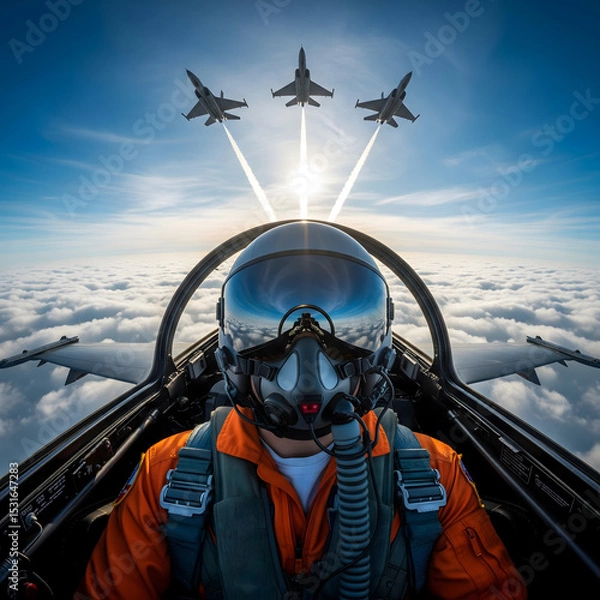 Obraz A military pilot, seen from behind in a cockpit, overlooks three fighter jets flying above clouds into the sun. Generative AI.