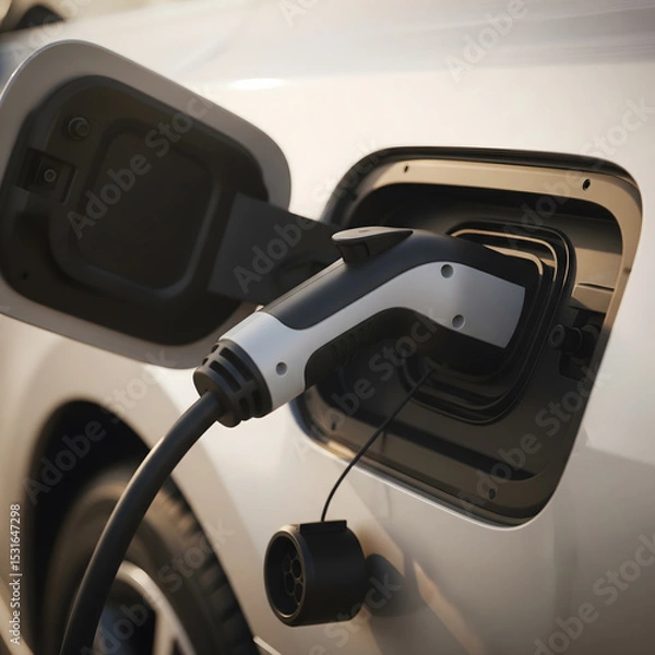 Obraz A close-up of a white electric vehicle charging cable plugged into a car's charging port. Generative AI.