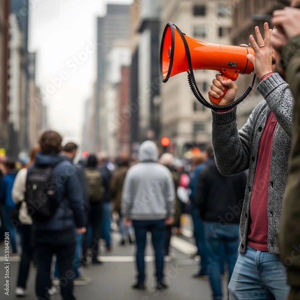 Obraz An adult male holds an orange megaphone, addressing a crowd on a city street during a protest. Generative AI.