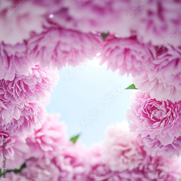 Obraz A vibrant, circular arrangement of pink flowers frames a clear blue sky, capturing the essence of spring and natural beauty with soft light. Generative AI.