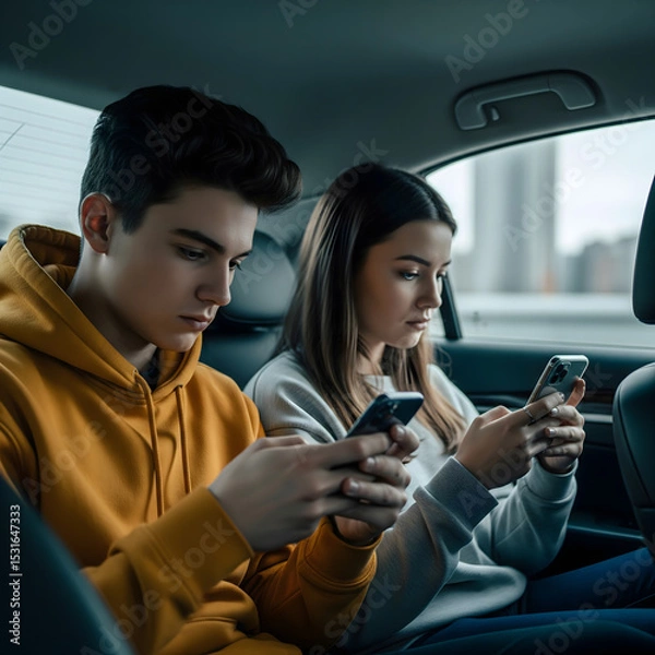 Obraz A young adult male and female sit in the back of a car, both engrossed in looking at their smartphones. Generative AI.