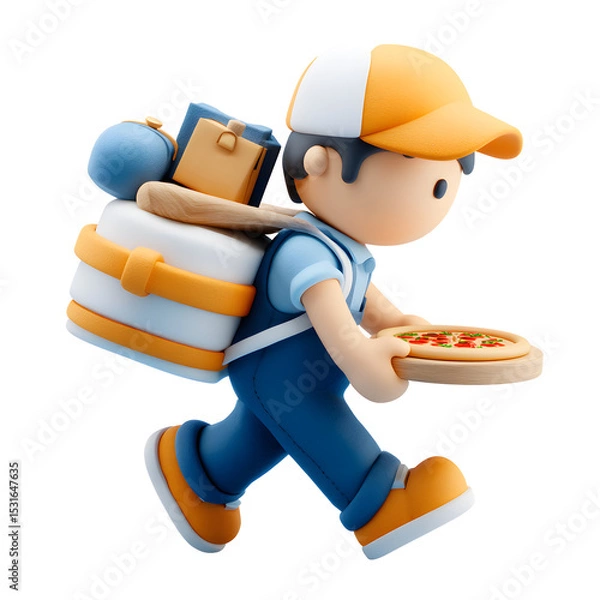 Fototapeta Cartoon delivery boy carrying pizza and various packages in a 3D rendered image