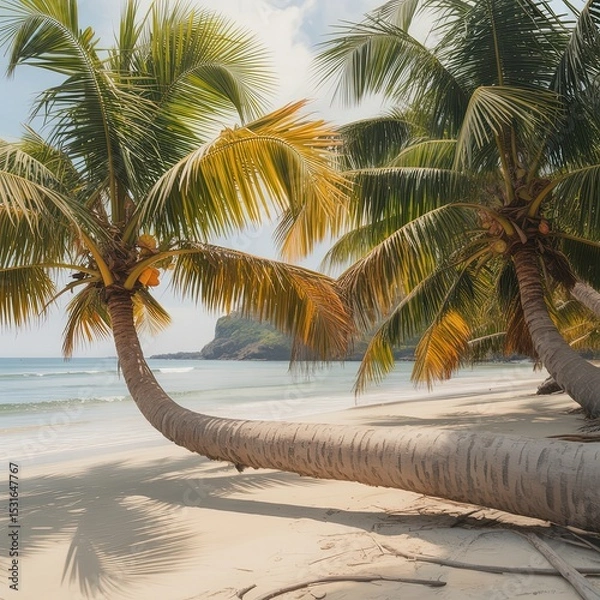 Fototapeta Serene Tropical Beach Paradise with Beautiful Palm Trees, Sunny Day, and Calm Ocean Waves Background