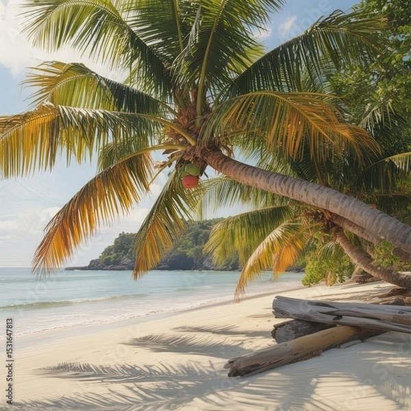 Fototapeta Idyllic Tropical Paradise Beach with Vibrant Palm Trees, White Sand, and Serene Ocean Waves