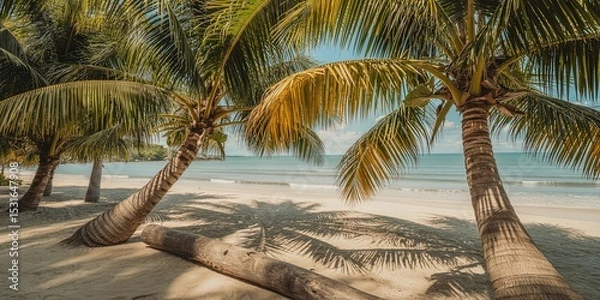 Fototapeta Serene Tropical Beach Paradise with Palm Trees, White Sand, and Calm Turquoise Ocean Waters