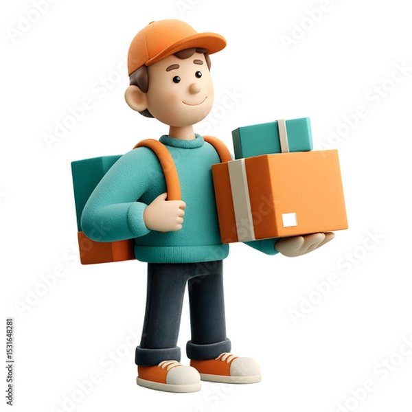 Fototapeta Cartoon delivery man holding package with a cheerful expression on transparent background