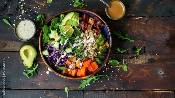 Obraz Nutritious Buddha Bowl Food Photography on Dark Background. Vibrant healthy meal with fresh ingredients perfect for diet programs, vegan restaurant menus and organic product packaging designs