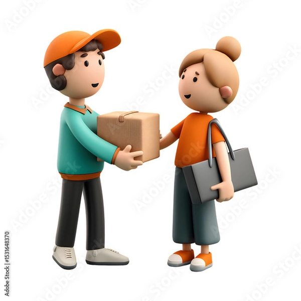 Fototapeta Cartoon delivery guy handing package to customer isolated on transparent background