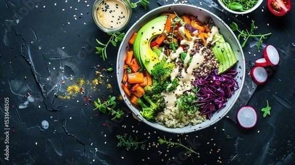 Obraz Nutritious Buddha Bowl Food Photography on Dark Background. Vibrant healthy meal with fresh ingredients perfect for diet programs, vegan restaurant menus and organic product packaging designs