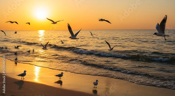 Obraz A flock of seagulls fly over the waves of the beach as the sun sets, reflecting golden light on the sea surface. 