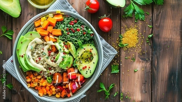 Obraz Nutritious Buddha Bowl Food Photography on Dark Background. Vibrant healthy meal with fresh ingredients perfect for diet programs, vegan restaurant menus and organic product packaging designs