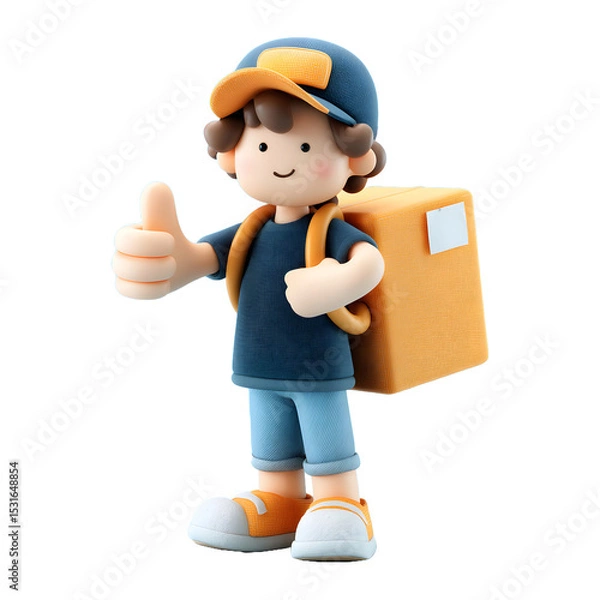 Fototapeta Cartoon delivery boy giving a thumbs up isolated on transparent background with excellent lighting