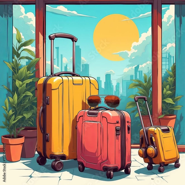 Fototapeta Colorful travel suitcases placed near sunny window with city view  