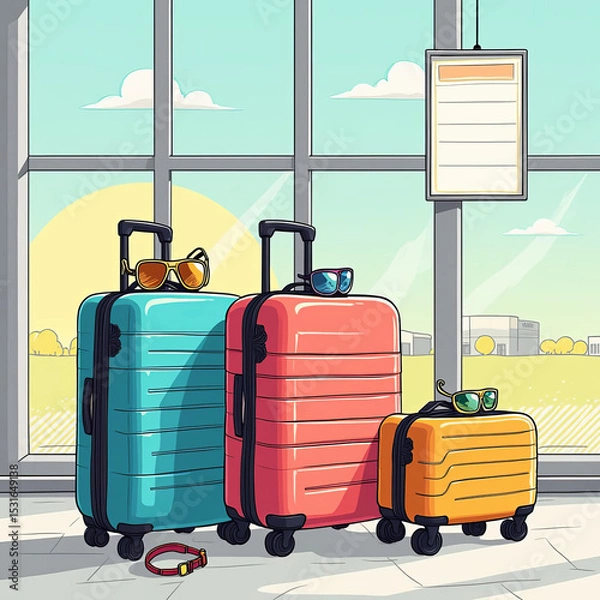 Fototapeta Colorful suitcases with sunglasses at airport terminal during daytime  