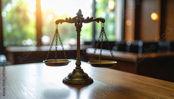 Fototapeta Classic justice scale on wooden table in formal room with sunlight through window and warm legal atmosphere