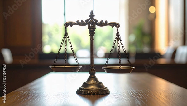 Fototapeta Justice scale on wooden table with warm sunlight through window in formal room with chairs, symbolizing law, fairness, and peaceful legal environment