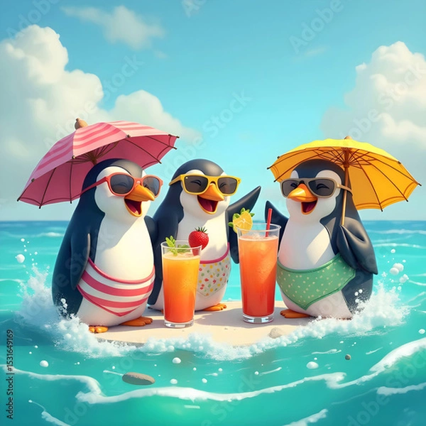 Fototapeta Three penguins enjoying summer drinks on a floating island in the ocean  