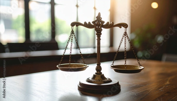 Fototapeta Classic justice scale on wooden table in softly lit room with chairs, sunlight through window, symbolizing law, balance, and professionalism