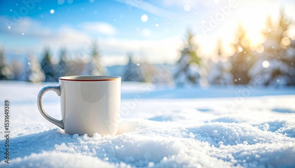 Fototapeta White cup on sparkling snow under soft winter sunlight with drifting snowflakes