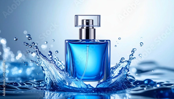 Fototapeta Elegant blue perfume bottle with water splashes and glowing crystals, showcasing modern luxury design and freshness in vibrant product composition