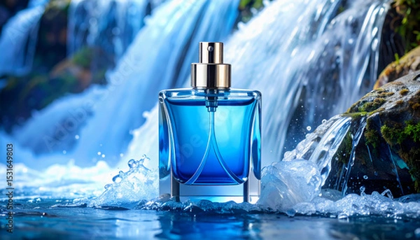 Fototapeta Blue perfume bottle with water splash and crystal accents in a fresh and luxurious product scene