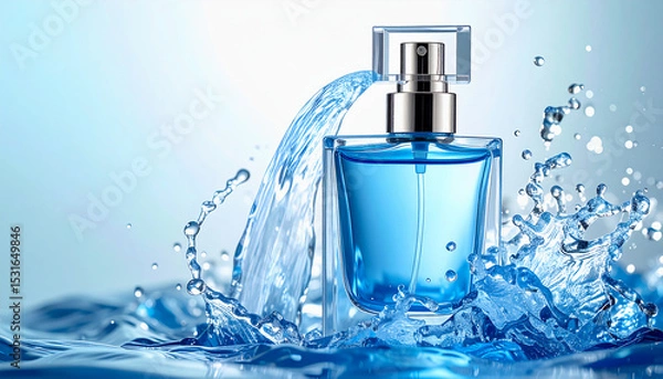 Fototapeta Modern blue perfume bottle with dynamic water splash and shiny blue crystals on soft background
