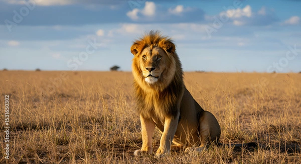 Obraz A male lion sits proudly in a wide grassland. 