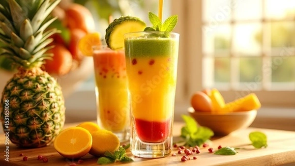 Fototapeta Two vibrant layered fruit smoothies garnished with mint and cucumber, surrounded by fresh fruits on a wooden table with soft natural light.