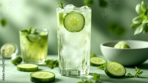 Fototapeta A refreshing glass of cucumber-infused sparkling water garnished with fresh herbs and ice, surrounded by cucumber slices and a bowl of lime.