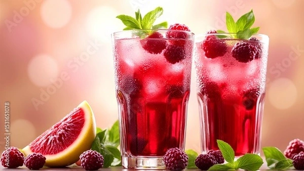 Fototapeta Two glasses of refreshing raspberry drink garnished with mint leaves, accompanied by fresh raspberries and a slice of blood orange on a pink bokeh background.
