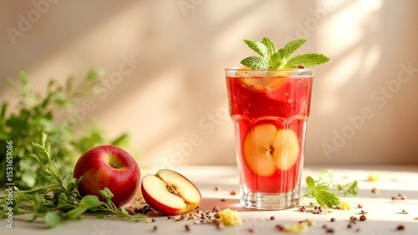 Fototapeta A refreshing glass of red apple-infused drink garnished with mint, surrounded by fresh apples and herbs on a light surface.