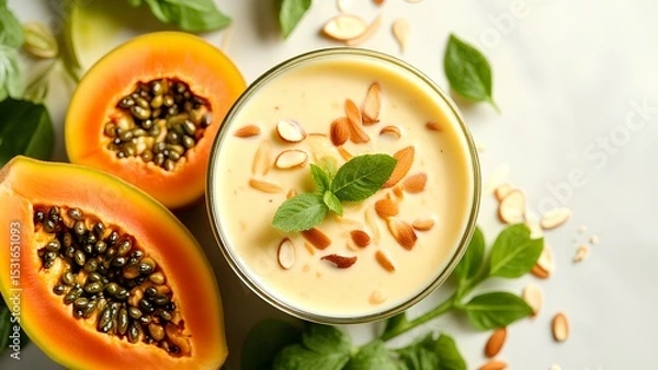 Fototapeta A creamy papaya smoothie garnished with mint leaves and papaya seeds, surrounded by fresh papaya halves and green leaves on a white surface.