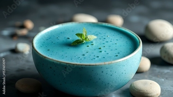 Fototapeta A serene blue bowl filled with frothy liquid, garnished with a fresh mint leaf, surrounded by smooth white and beige stones on a dark surface.