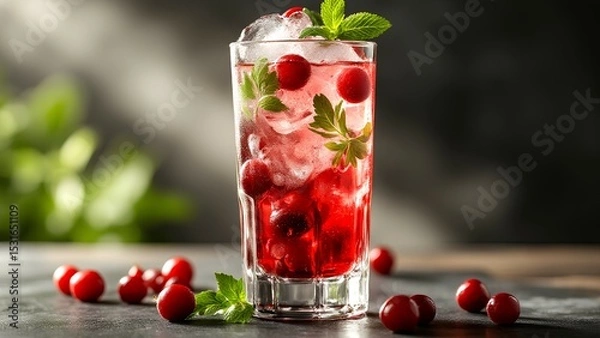 Fototapeta A refreshing glass of cranberry drink with ice, garnished with fresh mint leaves, set against a blurred natural background.